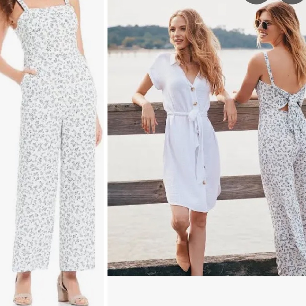 1. State White and Blue Floral Jumpsuit